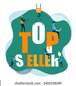 Vector design green orange color combination. Modern image top seller with flat characters. Illustration concept for website.