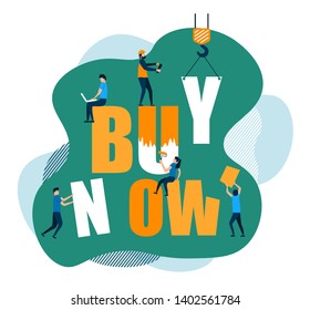 Vector design green orange color combination. Modern image buy now with flat characters. Illustration concept for website.