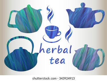 Vector design green pattern. Hand drawing. Herbal tea set in a blue palette.