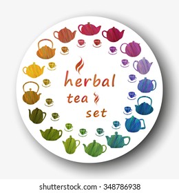 Vector design green pattern.Colorful icons, hand-drawing.. Herbal tea set.