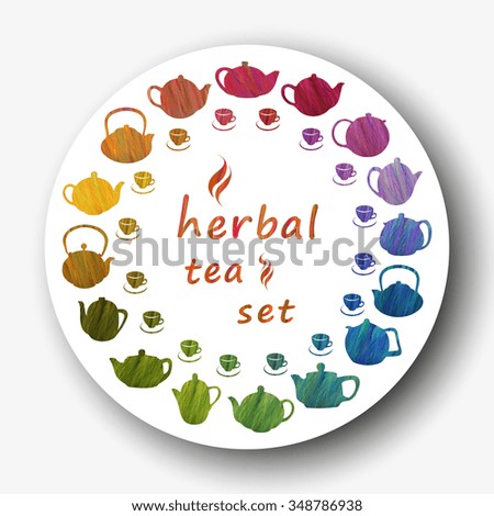 Vector design green pattern.Colorful icons, hand-drawing.. Herbal tea set.