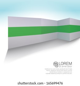 Vector design. Green scale edition of parallel colorful stripes built 3d architectural wall mock-up. Architectural building illustration for all different media: web, infographics, brochure