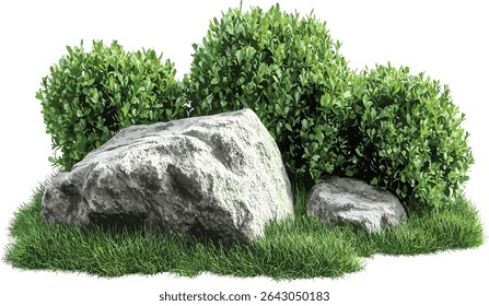 Vector design of green shrub plants, gardening layout with rock, lush grass cut out, nature background, fresh greenery, landscape, garden design, outdoor environment
