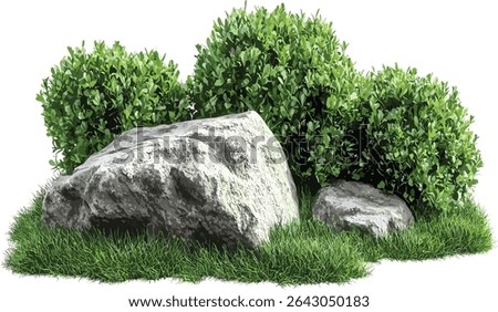 Vector design of green shrub plants, gardening layout with rock, lush grass cut out, nature background, fresh greenery, landscape, garden design, outdoor environment