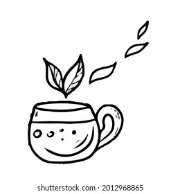 Vector design of a green tea mug .On a white isolated background for banners with postcards.Coloring, contour