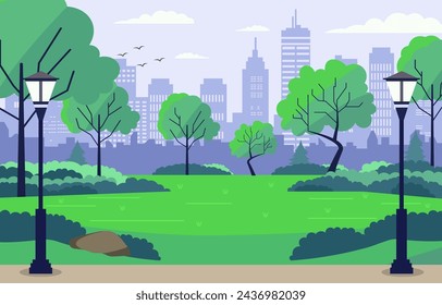 Vector Design of Green Trees in City Park with Cityscape Building in Bright Day