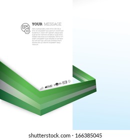 Vector design. Green & white edition of an abstract geometric colorful 3d infographics illustration for web, print, infochart or brochure layout graphics element with a left arranged textbox 