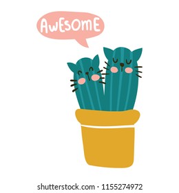 vector design of a greeting card with funny cactus and awesome hand lettering text
