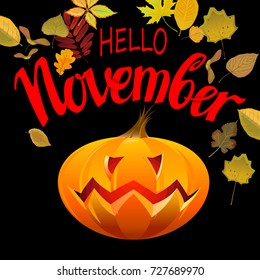 vector design greeting card with the inscription November and pumpkin