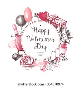 Vector design for greeting card or invitation with ink hand drawn valentine's day illustration. Vintage valentine's day background. Vector template