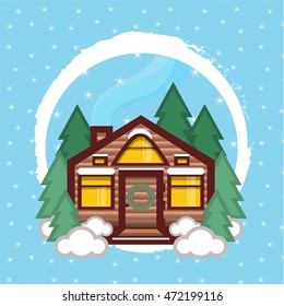 Vector design greeting card. Lovely winter cartoon illustration, winter flat cabin with pine and snow on blue background with stars
