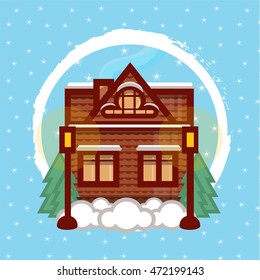 Vector design greeting card. Lovely winter cartoon illustration, winter flat house with pine, street lamps and snow on blue background with stars
