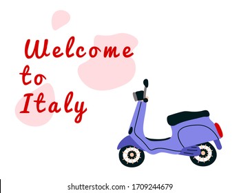 Vector design for greeting card, print, travel, tourism. A picture with the inscription Italy with the image of the 
scooter. Hand-drawn illustration