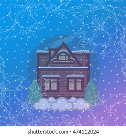 Vector design greeting card. Winter cartoon illustration, winter flat house with pine and snow on blue background with stars and frost frame