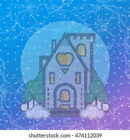 Vector design greeting card. Winter cartoon illustration, winter flat cottage with trees and snow on blue background with stars and frost frame