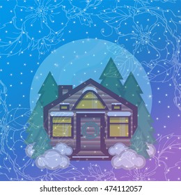Vector design greeting card. Winter cartoon illustration, winter flat cabin with pine and snow on blue background with stars and frost frame