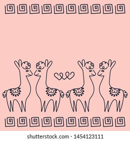 Vector design for greeting cards, invitations, posters, space for text . Couples in love alpacas, hearts, Greek ornament. Suitable for Valentine's Day, birthday, party