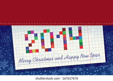 Vector design greeting Christmas cards. Exercise book with painted figures.
