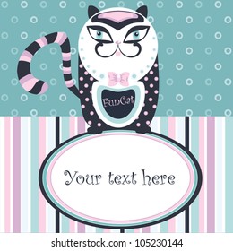 Vector design for greeting or invitation card. Decorative illustration with blue artistic cat.