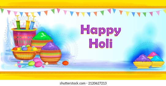 Diseño vectorial de saludos y fondo de plantilla de pancarta para el Festival de Colores, Happy Holi celebrado en India