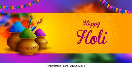 Diseño vectorial de saludos y fondo de plantilla de pancarta para el Festival de Colores, Happy Holi celebrado en India