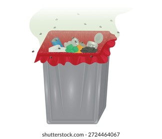 Diseño de Vector de un cubo de basura en forma de caja gris con una base de plástico rojo y varios tipos de basura en el interior y rodeado de moscas
