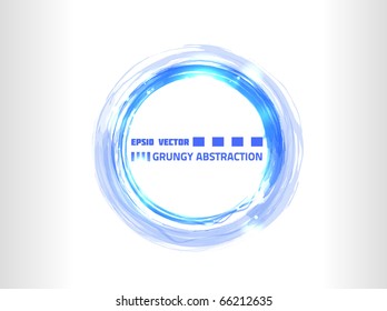 Vector design of a grungy round abstraction, colored blue with bright blurry particles around.