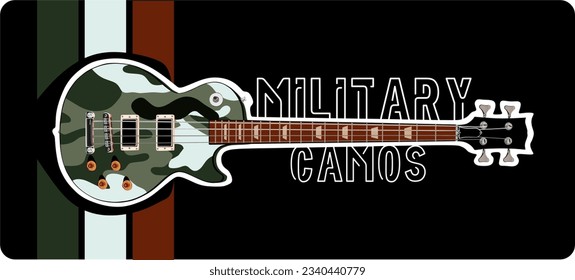 Vector Design of Guitar Bass Electric with Military Camos And Black Background. Phone Wallpaper.