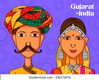 Vector design of Gujarati Couple in traditional costume of Gujarat, India