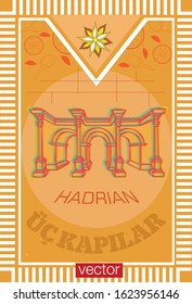 Vector design of Hadrian's gate in Antalya. Vertical illustration with silhouette of the Hadrian's gate, minaret, food. Card, poster, flier, print design with turkish symbols.
