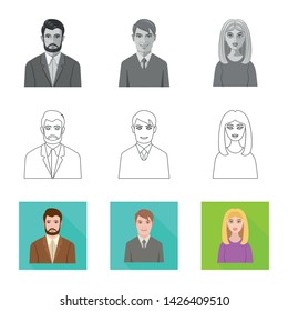 Vector design of hairstyle and profession sign. Set of hairstyle and character stock vector illustration.