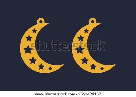 Vector design with half moon and stars for earrings, pendant, bracelet or keychain. Cutout silhouette, jewelry cnc laser cut template for metal, wood or leather. Beautiful hanging bijouterie