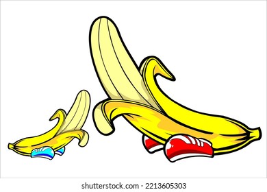 vector design of half peeled banana with yellow fruit color and wearing red shoes. looks so cute