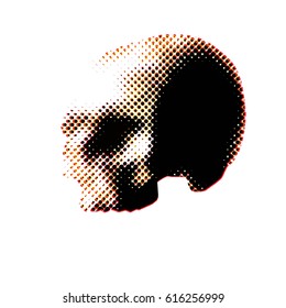 Vector design halftone dotted skull. T-shirt design. Print style. Poster. Circle and bubbles silhouette object.