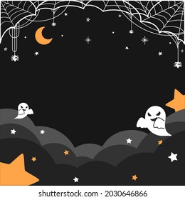 A vector design of Halloween black night starry sky blank template with spider web and ghosts flying above the clouds decorating on dark background flat vector illustration. Happy Halloween.