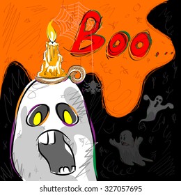 Vector design of Halloween greeting background with flying boo ghost