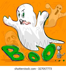 Vector design of Halloween greeting background with flying boo ghost
