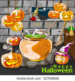 Vector design of Halloween greeting background with Jack-o-lantern pumpkin