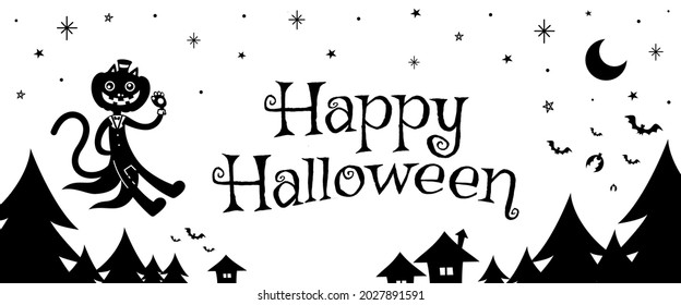 A vector design of Halloween party banner with pumpkins, skulls and party flags decorating on white background. Happy Halloween. Invitation night party with Halloween calligraphy.