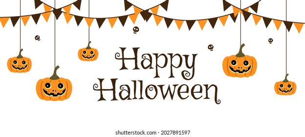 A vector design of Halloween party banner with pumpkins, skulls and party flags decorating on white background. Happy Halloween. Invitation night party with Halloween calligraphy.