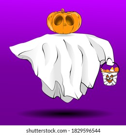 vector design Halloween pumpkin ghost bring a bucket for asking some candy