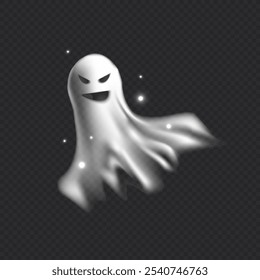 Vector design for Halloween, which depicts a realistic ghost flying surrounded by shining sparks. Perfect for decoration and creating a creepy atmosphere