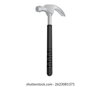 Vector design of a hammer made of iron with a handle made of hard black rubber, useful for hitting an object such as a nail or pulling out a nail with its head.