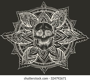 Vector design . Hand drawing. The skull on a black background with white ornament.