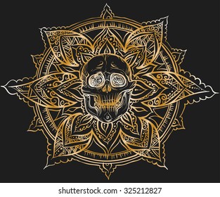 Vector design . Hand drawing. The skull on a black background with a gold ornament.