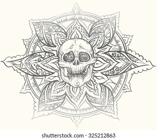 Vector design . Hand drawing. White skull on a light background with a dark pattern.