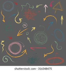 Vector design. Hand drawing.Many colored arrows on a dark background.