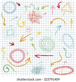 Vector design. Hand drawing.Many colored arrows.Against the background of the cell.