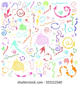 Vector design. Hand drawing.Many colored arrows.Against the white background.