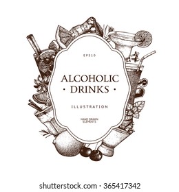 Vector Design With Hand Drawn Alcoholic Drinks Illustration. Vintage Beverages Sketch Background. Retro Template
